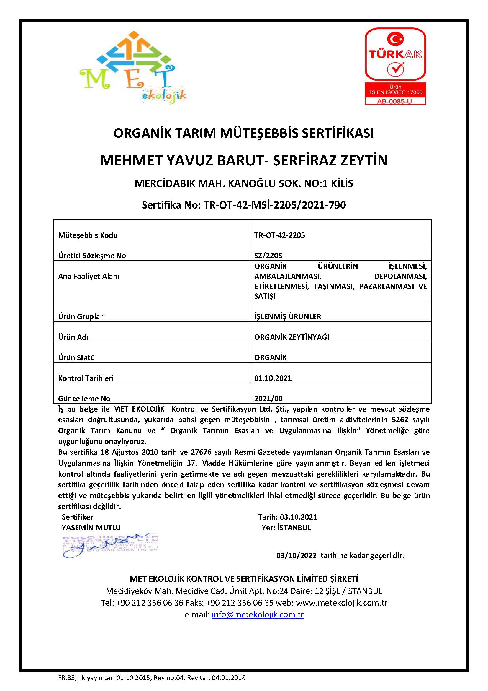 SERFİRAZ ZEYTİN 2022 müteşebbis sertifikası